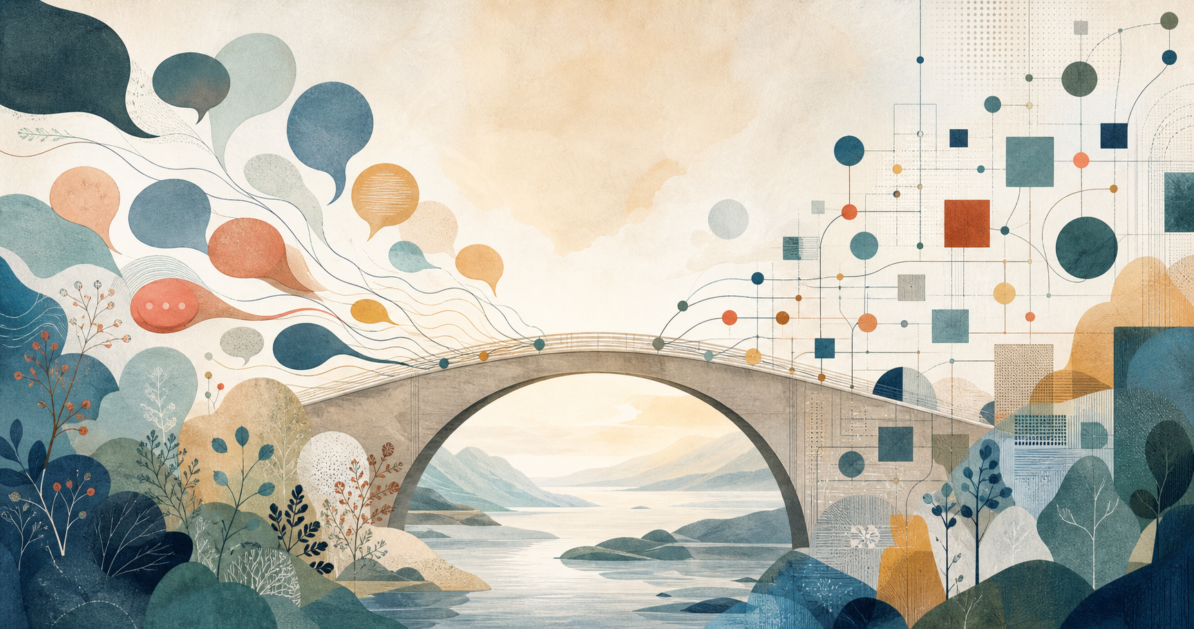 Illustration einer Brücke zwischen organischen Sprechformen und geometrischen Sprachmustern
