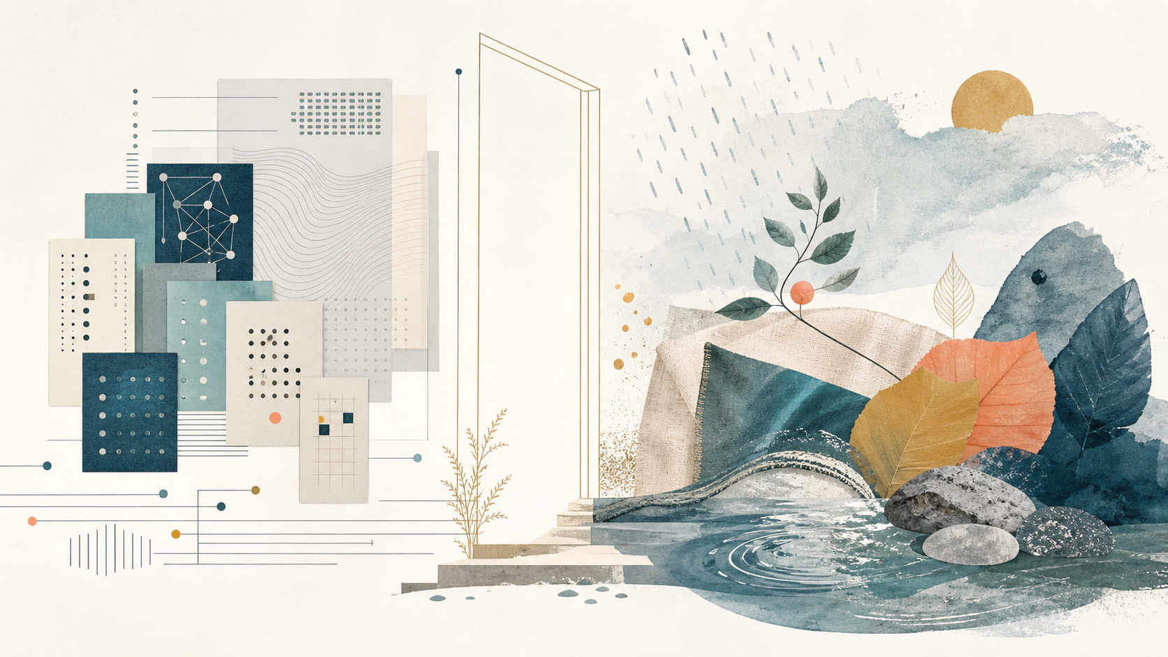 Abstrakte Illustration: geordnete Sprachmuster neben sinnlichen Naturtexturen